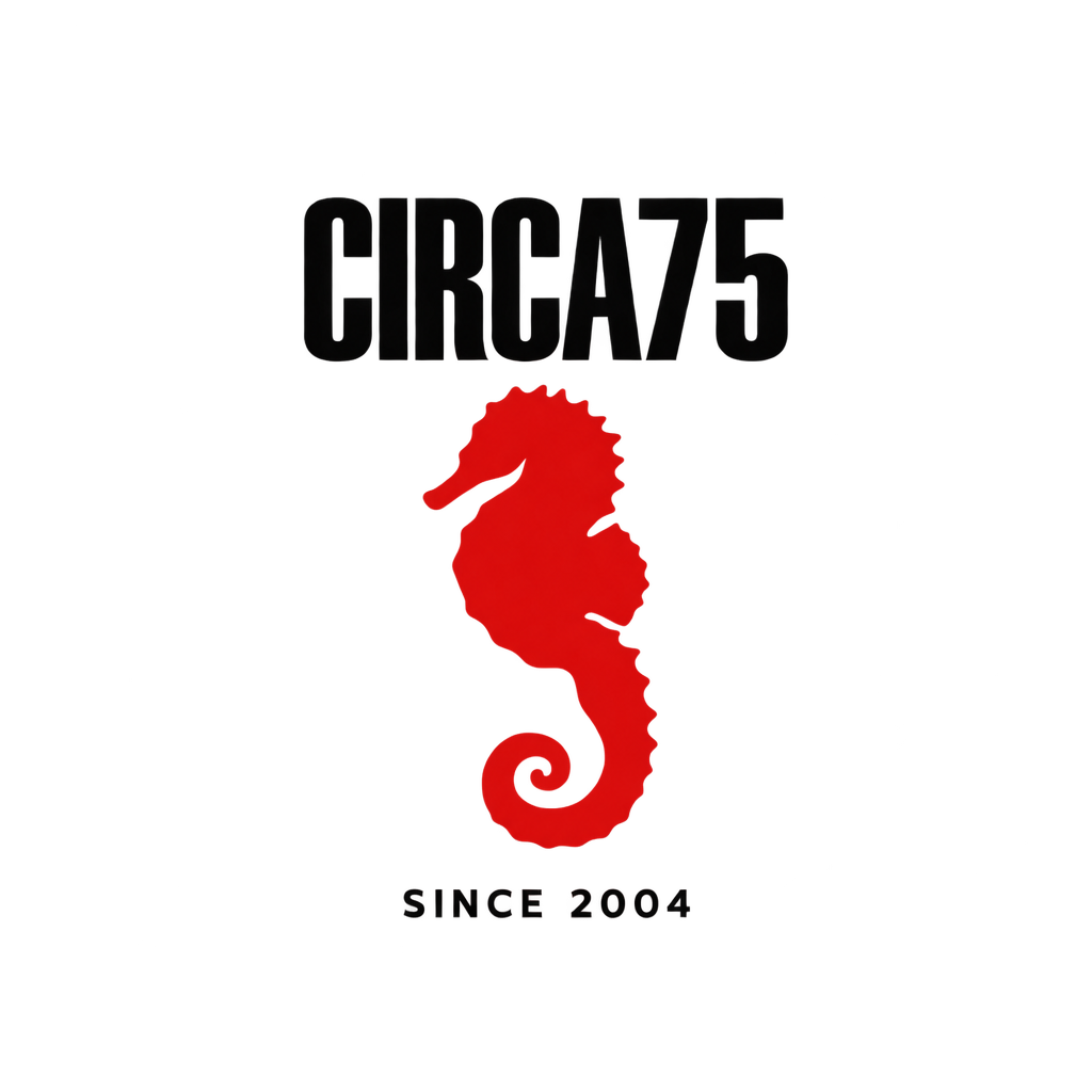 Refined CIRCA75 heritage logo with a stronger seahorse and tighter spacing